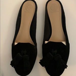 Tori Burch black tassel suede mules